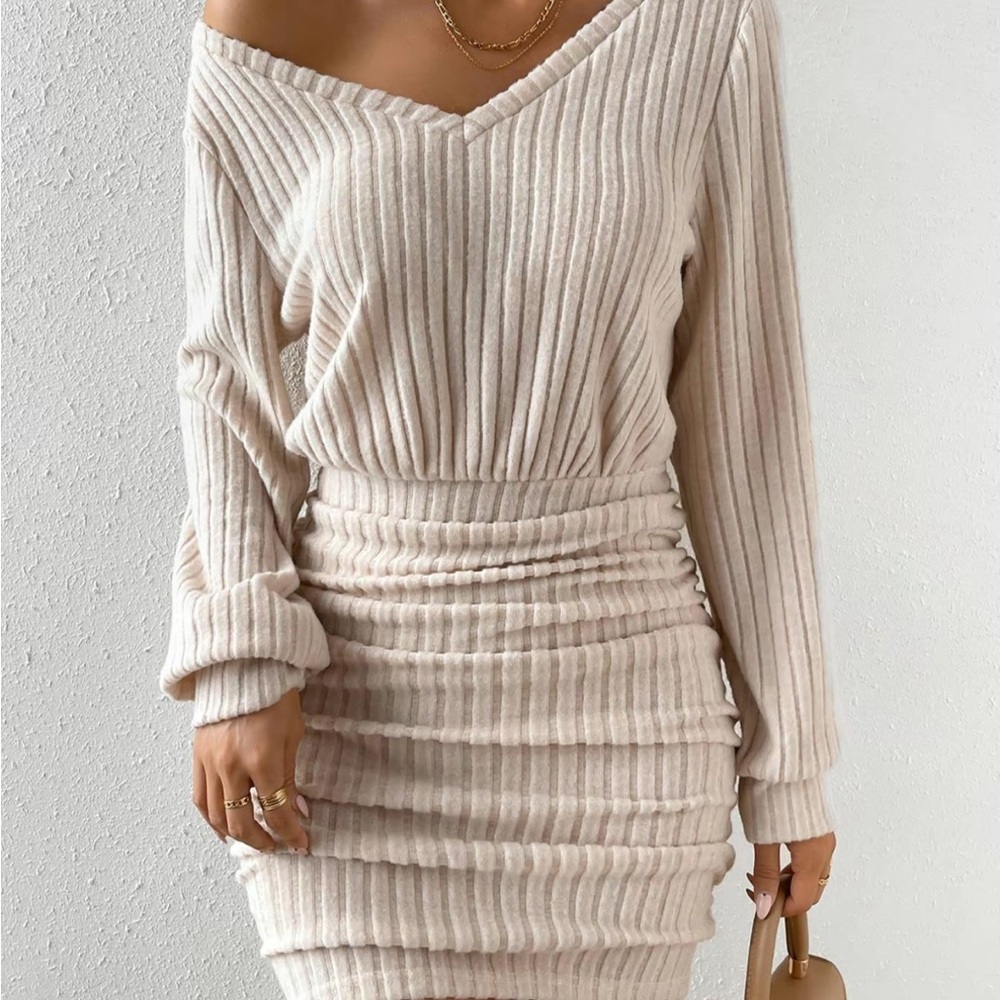 Elegant Beige Ribbed Knit Dress